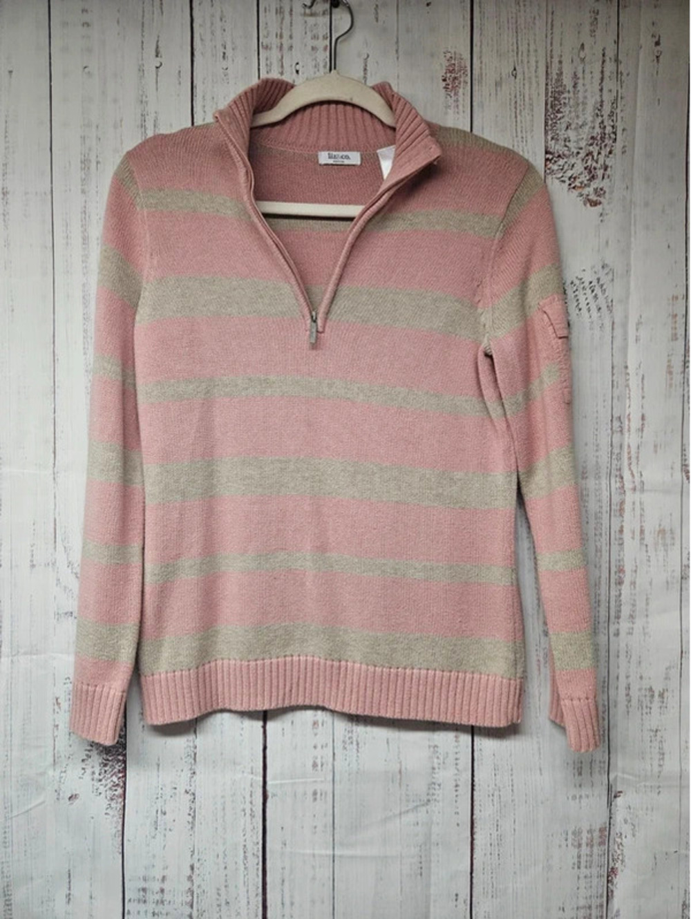 Liz & Co Petites Womens Pink Beige Striped Quarter Zip Sweater Long Sleeve Knit